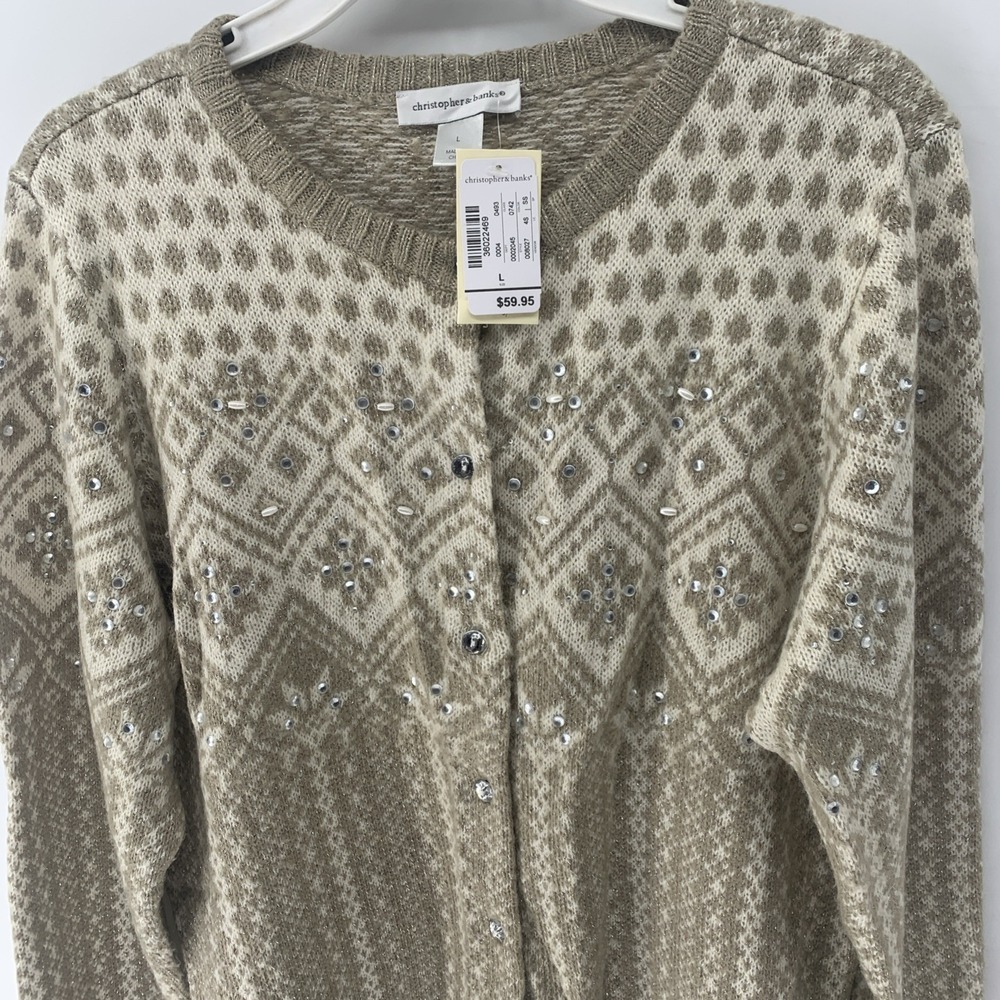 NEW Christopher & Banks Womens Button Up Sweater Long Sleeve Sparkle Gems Large